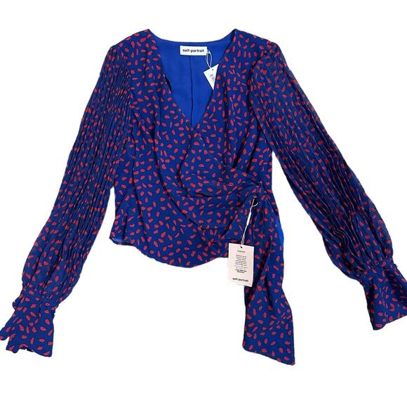 Self-Portrait Blouse Blue Pattern Chiffon Sheer Long Sleeve Wrap New - Picture 8 of 8